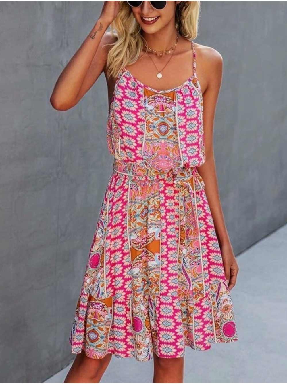 NWOT Boho Pink Printed Spaghetti-Strap Dress